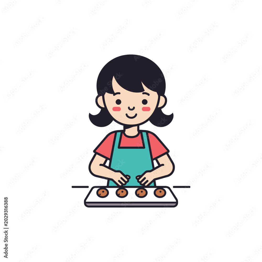 Fototapeta premium Cute girl baking cookies, cartoon style, making treats in kitchen, happy child