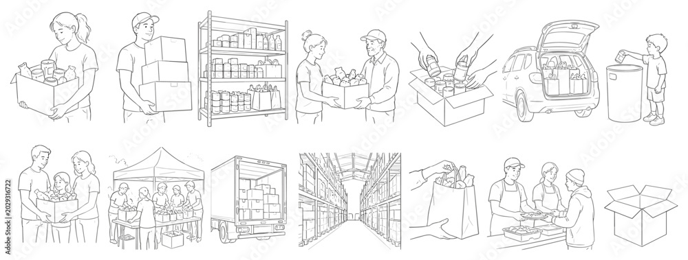 Obraz premium Illustrations depicting food bank operations and community support efforts