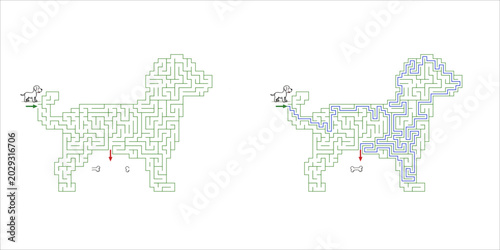 Dog maze design with outlined paths