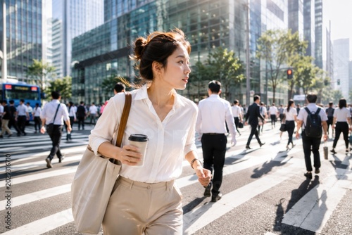young asian woman walking fast across crosswalk with tote bag and takeaway coffee, busy downtown morning, sunlight reflecting on glass buildings