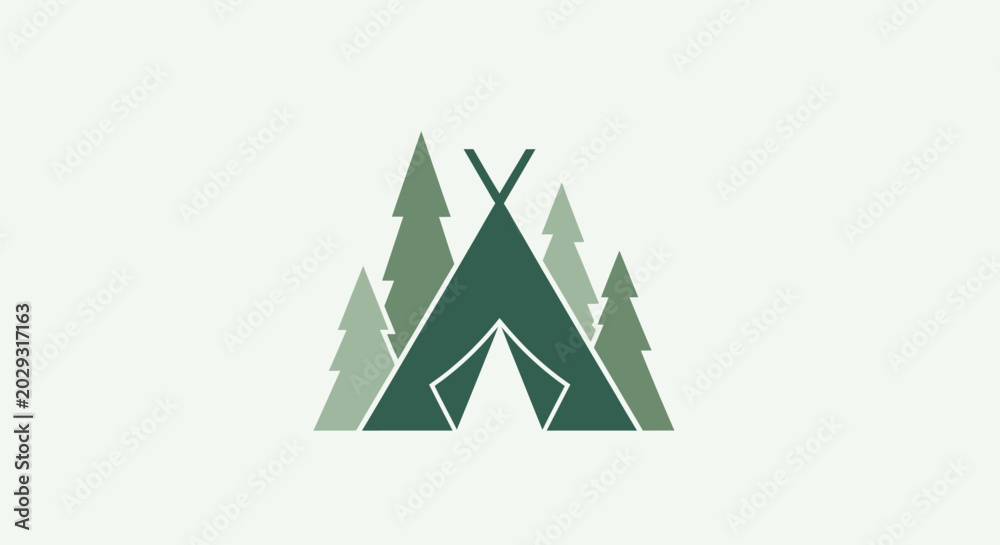 Obraz premium Minimalist Camping Tent and Pine Forest Logo Icon