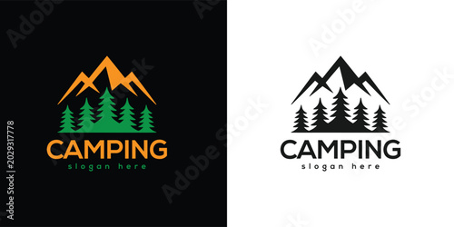 Camping Adventure Logo Design. Mountain, Pine Tree, Outdoor Travel Emblem Vector Illustration