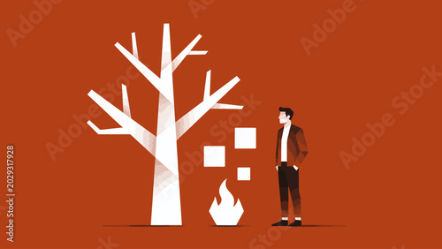 Foto Facing a metaphorical burning tree and fragmented digital data, a man ponders th