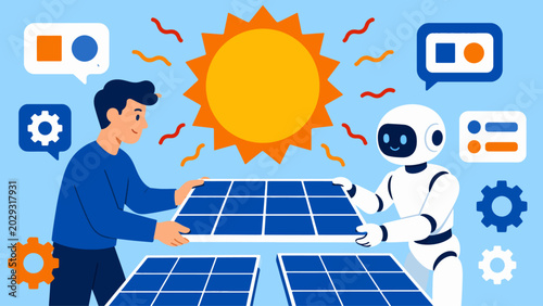 Fotografi Driving Sustainable Innovation Human-Robot Partnership Installing Solar Panels f