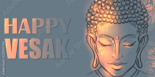 Serene vector poster with glowing Buddha head, warm light particles and Happy Vesak lettering on blue background. Calm spiritual greeting design for Buddhist holiday celebrations