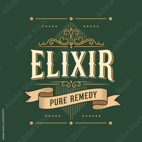 Vintage Elixir Pure Remedy Label with Decorative Ornaments.