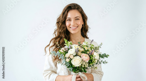Smiling woman holding bouquet of flowers isolated on white background