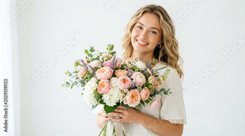 woman holding bouquet of flowers