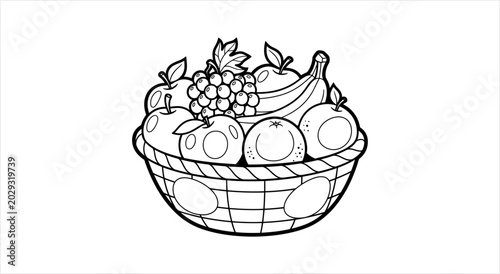 Fotografía A black and white illustration of a fruit basket filled with various fruits