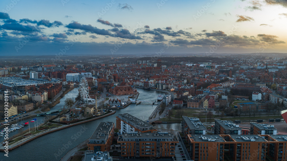 Fototapeta premium Aerial View of Gdansk Poland with River and Historic Architecture at Dusk