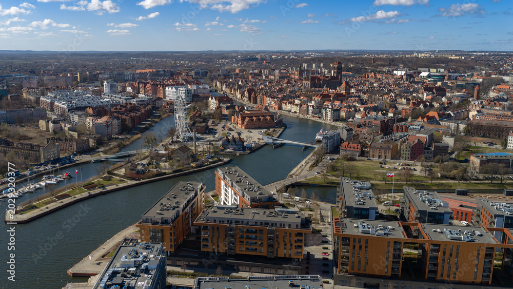 Fototapeta premium Aerial View of Gdansk City Center with River Motlawa and Historic Architecture