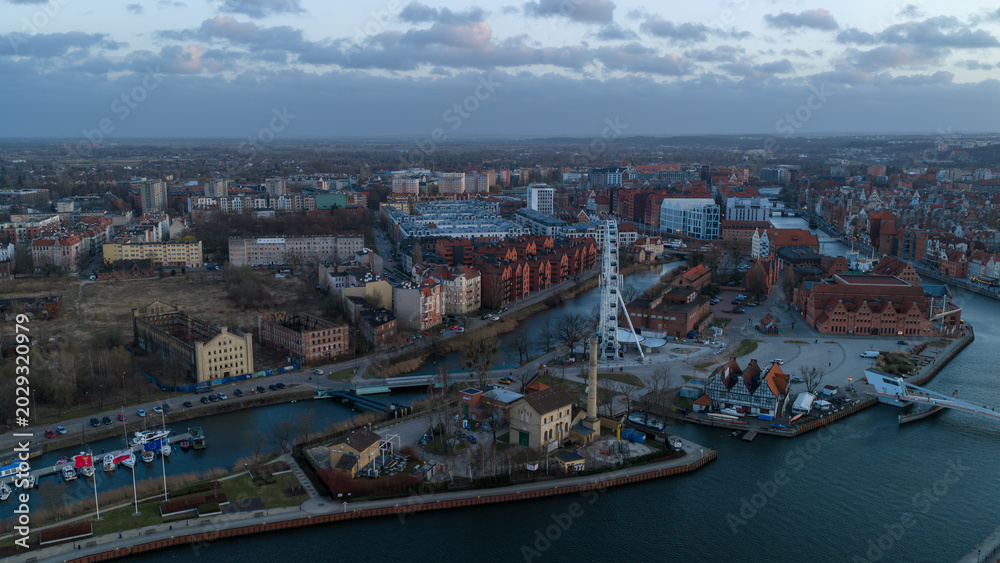 Fototapeta premium Aerial View of Gdansk Historic City Center with Rivers and Red Brick Architecture Poland