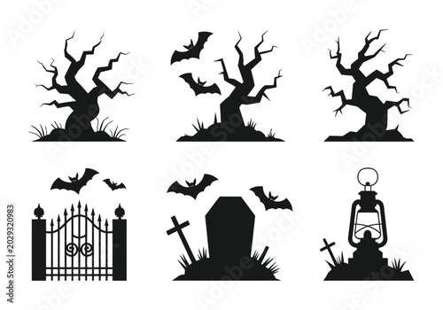 Quadro em tela Halloween Graveyard Silhouette Set