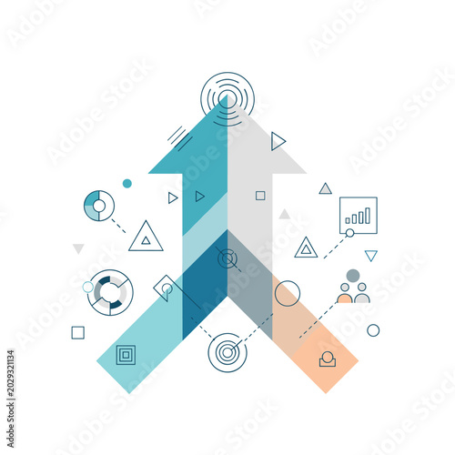 Abstract illustration of two arrows merging into one, symbolizing growth and collaboration with data visualization elements.