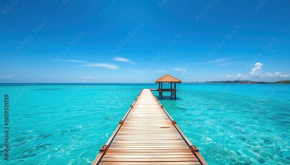 Fototapeta premium Wooden pier extending into turquoise ocean toward tropical hut symbolizing vacation relaxation coastal travel adventure and peaceful seaside paradise under sunny sky