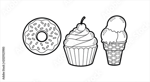 Bild auf Leinwand Outline Drawing of Delicious Donut Cupcake and Ice Cream.