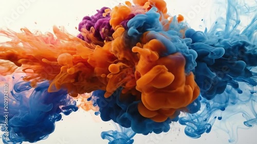 Vibrant abstract art with colorful paint mixing in water against a white