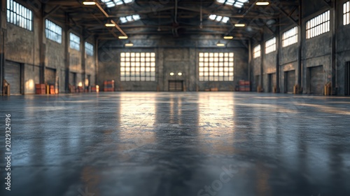 Spacious industrial warehouse interior, sunlight reflecting on polished concrete floor, cargo containers, potential use logistics, real estate