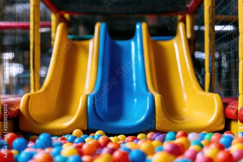 Colorful plastic slides leading into  large pool filled with small plastic play balls