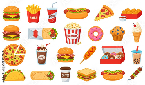 Obraz na płótnie Fast junk food vector set with burgers pizza fries and tasty snack icons