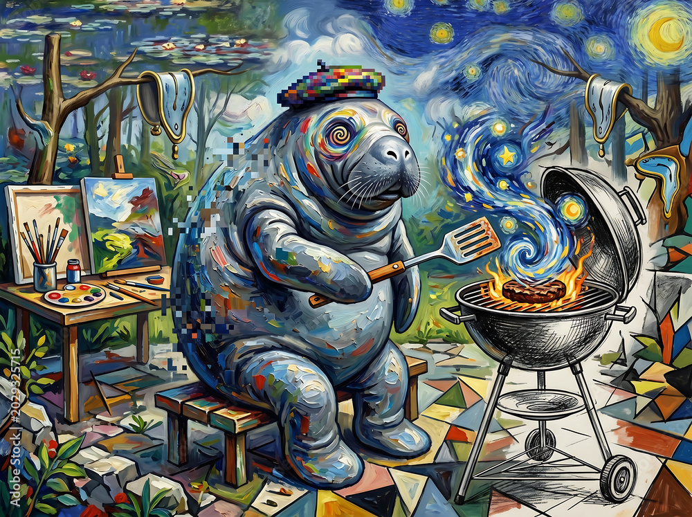 Fototapeta premium Artistic manatee painter wearing beret cooking burger on grill in surreal outdoor studio with melting clocks and starry sky background inspired by impressionist and surrealist art styles.