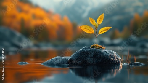 Autumnal sapling on rock in mountain lake