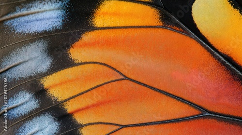 Butterfly wing close-up, vibrant orange, nature texture, detailed veins, background blurred. Use Nature, design