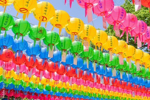 Colorful Korean Lanterns Hanging at Buddhist Temple Festival