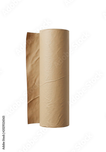 A single roll of brown recycled paper towel isolated on a solid surface isolated on transparent background