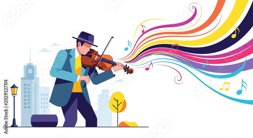 Man playing violin with colorful musical notes flowing out.