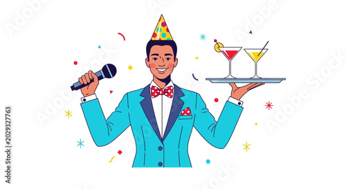 Man in Party Hat Serving Drinks and Holding Microphone.