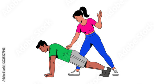 Man and woman exercising together in a gym.