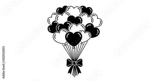 Tableau sur toile Black and white balloons tied with bow float in air