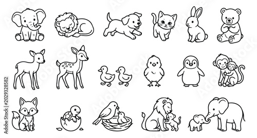 Bild auf Leinwand Cute animal coloring page icons, 17 hand drawn baby animal line art vectors, min