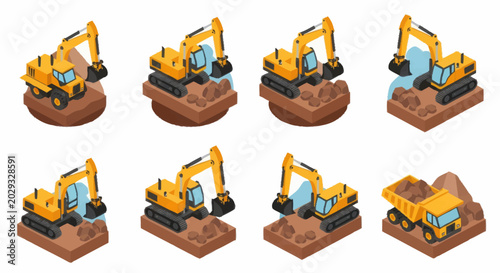 Set of yellow excavators and dump trucks in isometric view.