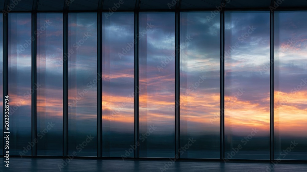 Fototapeta premium Large window with multiple panes of glass, allowing a beautiful view of the sunset. the sky is filled with vibrant colors of orange, pink, and blue, with the sun setting in the distance.
