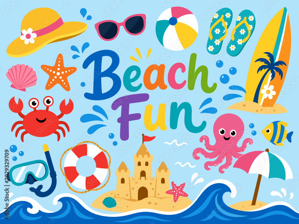 Obraz premium Bright and cheerful beach fun illustration with summer vacation elements