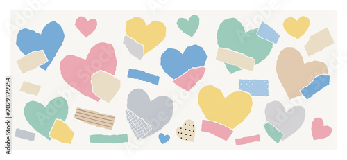 Collage of pastel hearts and torn paper scraps in a playful arrangement