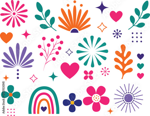 Retro Floral Doodle Elements Collection with Rainbow Hearts and Sparkles Vector Design