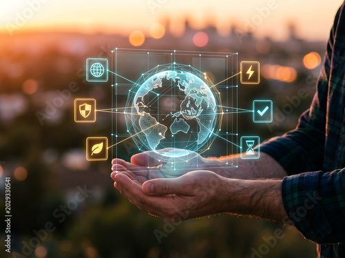 Digital visualization of worldwide network featuring glowing globe hologram held by man in city background during twilight with floating icons for security energy and smart connectivity.