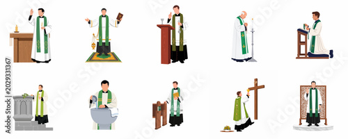 Foto Collection of ten flat vector illustrations showing a Catholic priest performing various liturgical duties and religious rites in a church