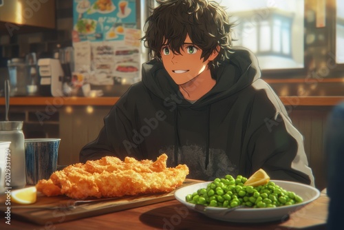 A young Asian male with curly hair happily enjoys a meal of fried fish and peas in a cozy restaurant setting.