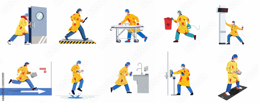 Fototapeta premium Flat vector illustration set of medical staff in blood-stained protective gowns performing various urgent hospital duties during an emergency or crisis situation.