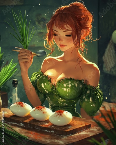 A young woman with red hair enjoys a culinary moment, savoring traditional dishes infused with vibrant greens.