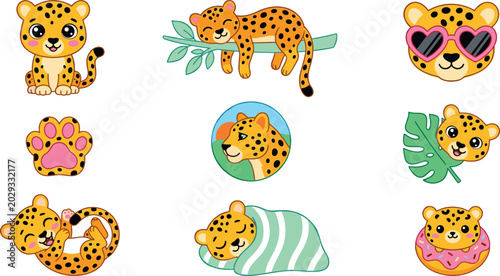 Photography Cute Baby Leopard Cartoon Vector Collection Featuring Adorable Wild Cat Characte