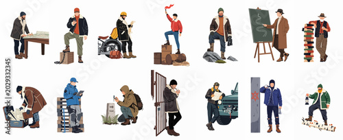 Canvas-taulu A comprehensive collection of male characters in rugged outdoor gear engaged in various exploratory, survival, and navigational activities in diverse environments