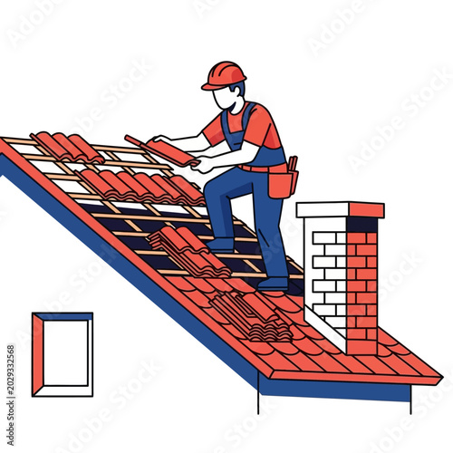 Roofer Installing New Red Tiles on a Steep Roof.