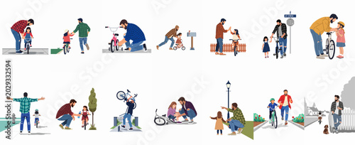 Fotografia Set of flat illustrations showing a supportive father teaching his young daughter how to ride a bicycle and sharing precious bonding moments together