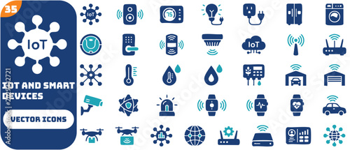 IoT and smart devices icon set featuring home automation, smart thermostat, security camera, voice assistant, connected sensors, and remote monitoring systems for future living.