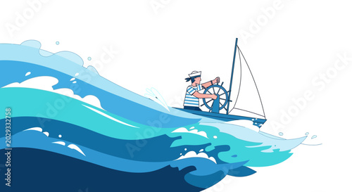 Sailor Navigating a Boat Through Rough Seas.